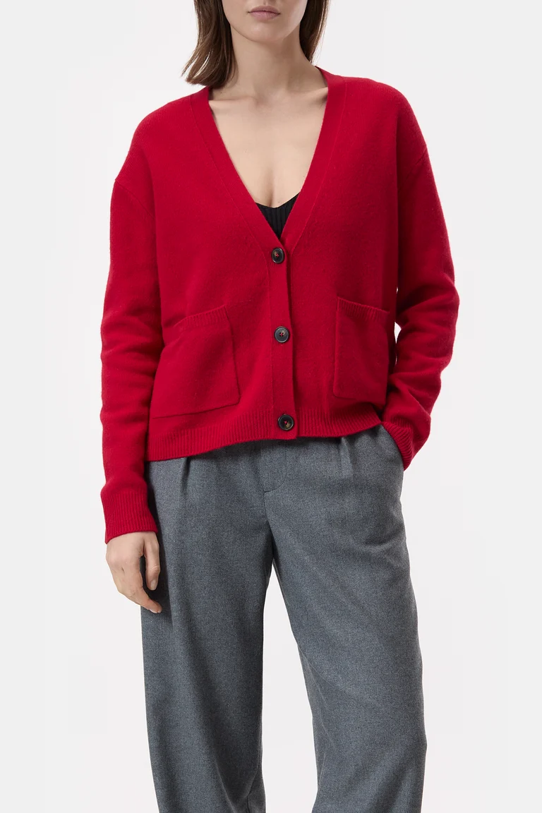 Cardigan in Chili Pepper Red, Closed,