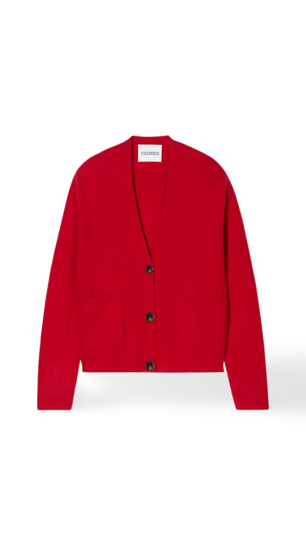 Cardigan in Chili Pepper Red, Closed,