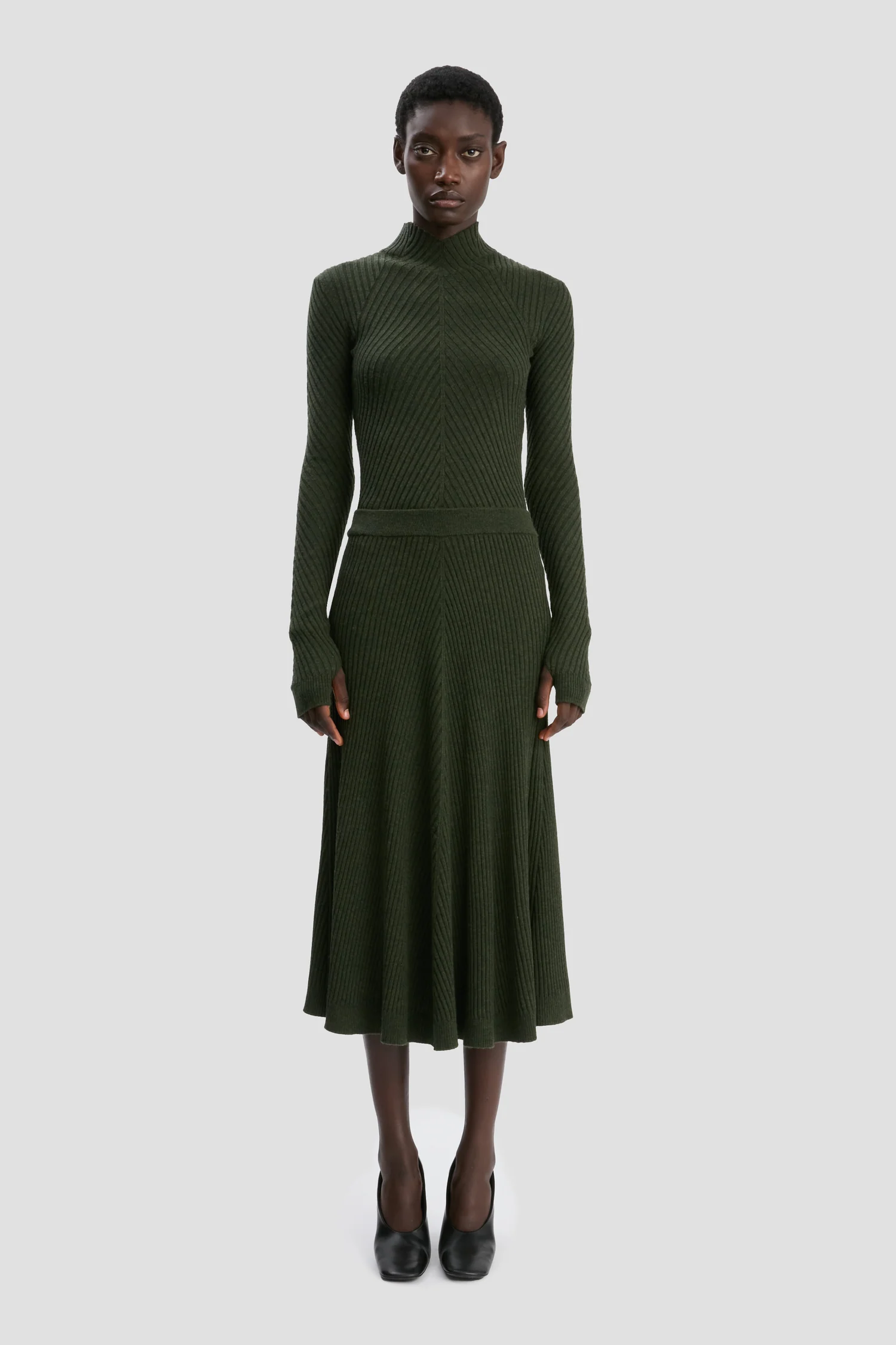 Ribbed Midi Knit Skirt in Oregano, VICTORIA BECKHAM