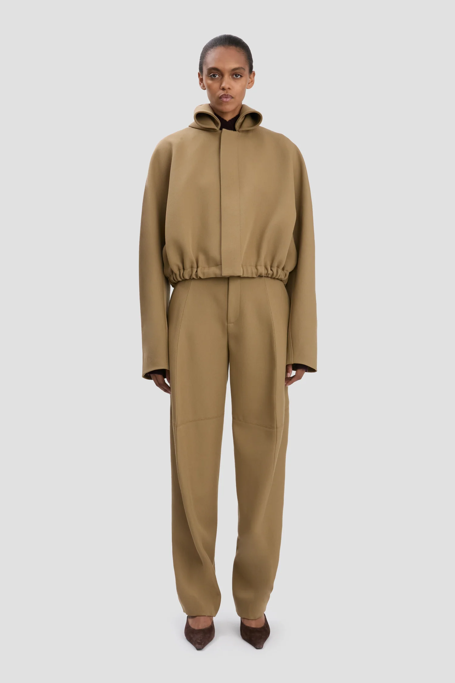 Oversized Roll Neck Bomber Jacket in Dark Camel, VICTORIA BECKHAM