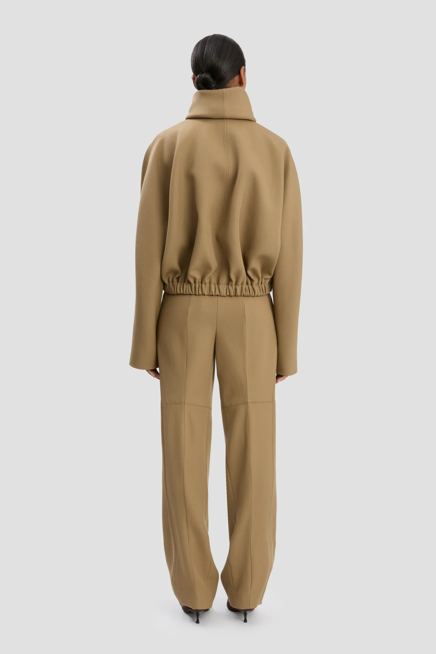 Oversized Roll Neck Bomber Jacket in Dark Camel, VICTORIA BECKHAM