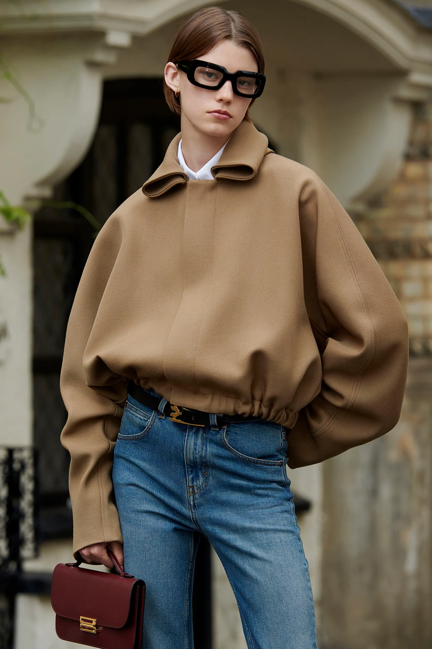 Oversized Roll Neck Bomber Jacket in Dark Camel, VICTORIA BECKHAM
